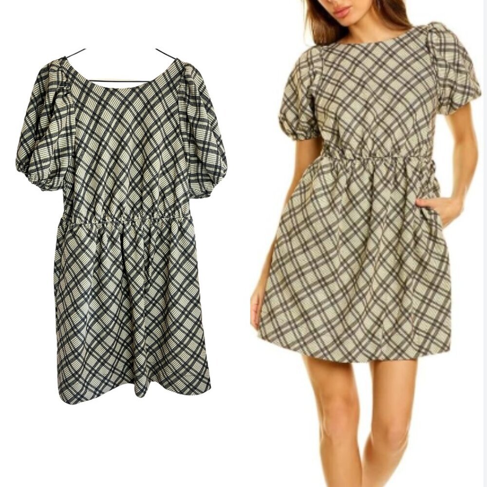 Line & Dot Green Plaid Preppy Cutout Back Puff Sleeve Mini Dress